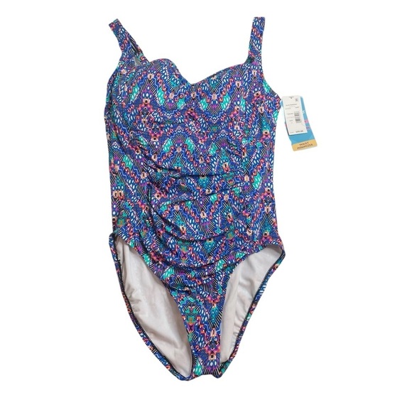 Swim Solutions Tummy Control Shirred One Piece Swim Suit Navy Multi 14 New - Picture 1 of 7